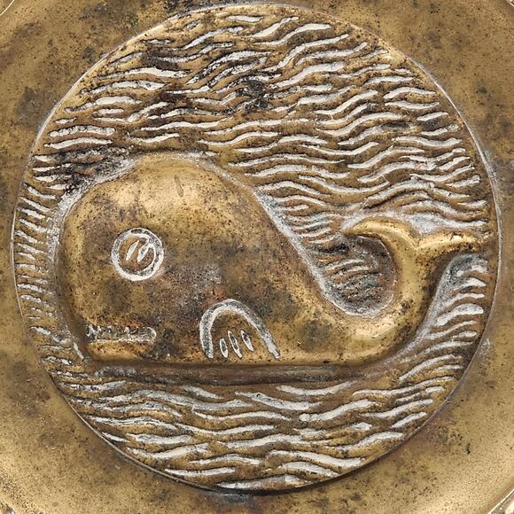 Whale Swimming in Water Brass Ashtray Trinket Dish - Vintage Nautical Decor - Picture 3 of 7